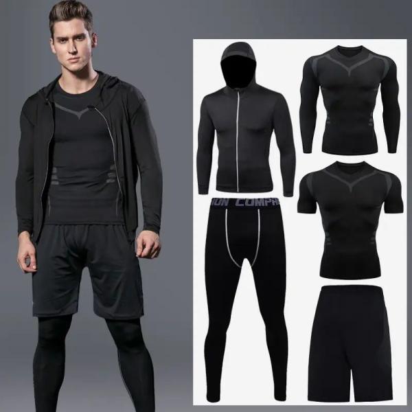 Wholesale custom logo men 5-pieces suits high elastic quick drying breathable sportswear gym fitness set