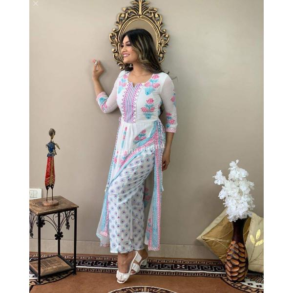 Women Fashion Printed Traditional Indian Kurti Designer Neck Long Sleeve Elegant Casual Wear Dress