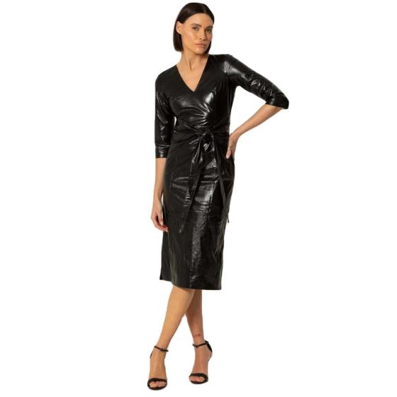 Elegant women's dress with genuine leather belt color black Seven C Fashion outlook look made with leather